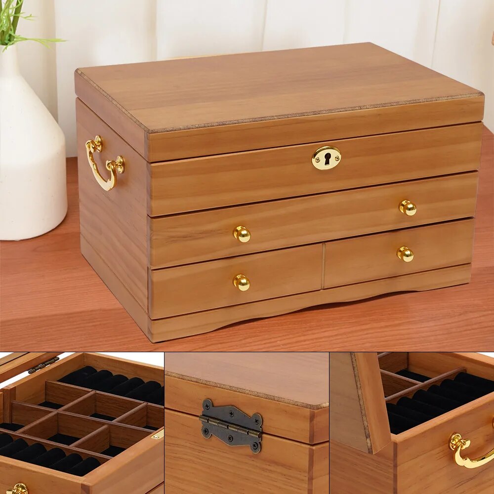 Boîte à Bijoux Bois 5 Niveaux - Miroir Intégré - Serrure Code - 4 Tiroirs Velours - Rangement Organisé