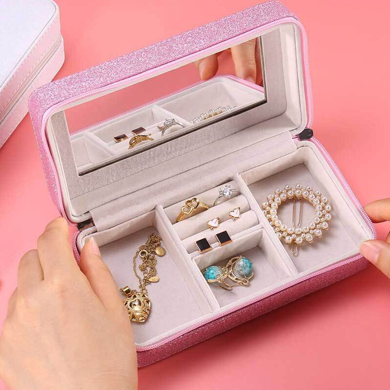 Coffret à Bijoux Vintage Années 70 Avec Miroir - Paillettes, Perles, Strass - Occasion Bon état