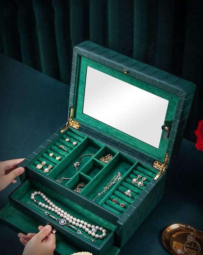 Boîte à Bijoux Cuir Véritable Vert