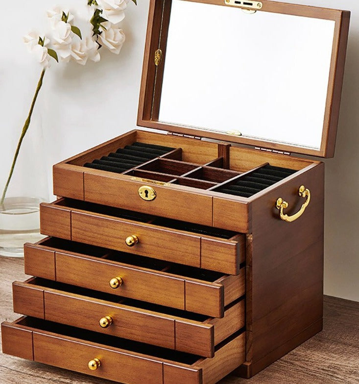 Boîte à Bijoux En Bois 5 Tiroirs - Organisateur Rangement Colliers, Boucles - Style Vintage - Dimensions 21,5x11,3x13,2 Cm - 2