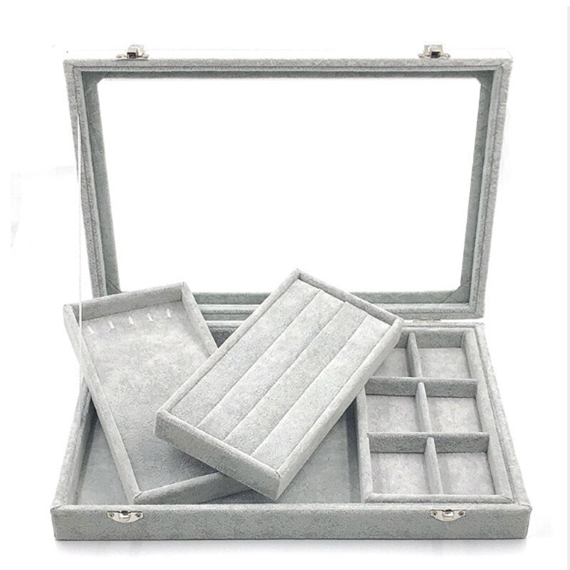 Boîte Bijoux en Velours Gris compartiments
