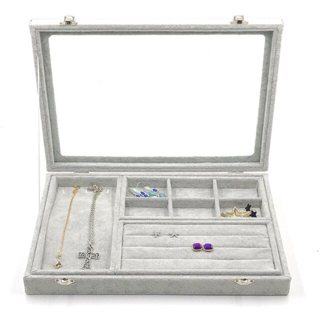 Boîte Bijoux en Velours Gris compartimenté